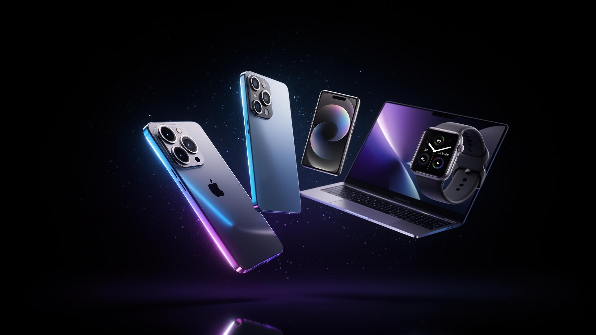 Premium wholesale electronics: floating iPhone, Samsung, MacBook and Apple Watch